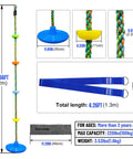 Diagram of kid friendly outdoor swing set with disc seat, climbing rope, 4 ft straps, carabiner and tree protector, showing dimensions.