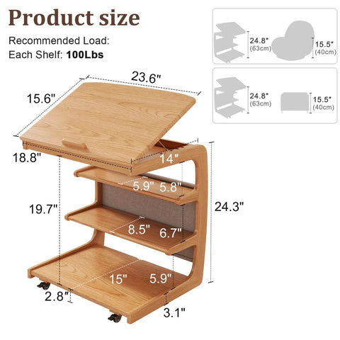 C Shaped Rolling Side Table With Wheels Solid Wood 4-In-1 Adjustable Desktop showing dimensions and shelf weight capacity