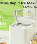 Electric Countertop Ice Maker Featuring Self Cleaning Tech And Rapid Bullet Cube Production In Just Six Minutes With A Nifty 12 Kilogram Daily Output That Slams On Any Counter Comes Packed With A Scoop And Basket For Dope Home Bartending Sessions, showing open lid with ice cubes and 1.4L water tank.