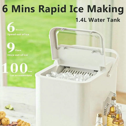 Electric Countertop Ice Maker Featuring Self Cleaning Tech And Rapid Bullet Cube Production In Just Six Minutes With A Nifty 12 Kilogram Daily Output That Slams On Any Counter Comes Packed With A Scoop And Basket For Dope Home Bartending Sessions, showing open lid with ice cubes and 1.4L water tank.