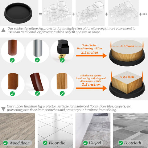 Diagram showing No Slip Two And A Half Inch Furniture Coasters Caster Cups Four Pack Rubber Floor Pads Protect Hardwood Floors And Furniture Legs Soft Touch Leg Protectors For All Sizes Of Furniture Black with examples of use on various surfaces.