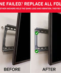 Heavy Duty Drywall Anchor Repair Kit To Slap Over Pulled Out Holes Fast Installs Right Back Into Old Spots For A Dead Solid Lock That Holds 255 Lbs Per Hole In This Badass Four Pack Designed To Make Wall Repair A Breeze For DIYers. Before and after view of a TV wall mount showing a replaced drywall anchor.