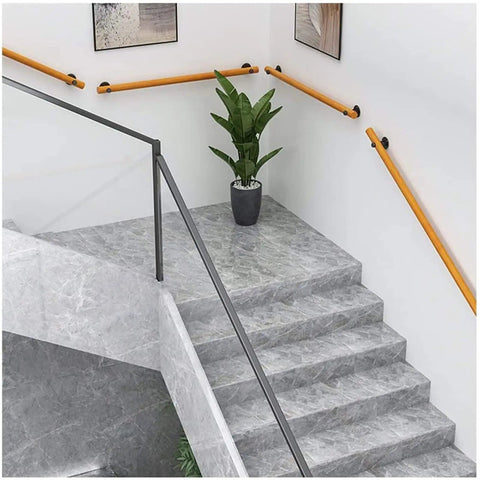 Tough Six Foot Round Wood Stair Handrail With An Antislip Finish That Locks Tight For Indoor Walls Hallways And Attics Keeps Your Crew Walking Steady On Lofts And Bars Because Safety Always Wins, shown on a staircase.