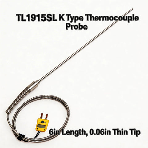 Front view of TL1915SL K-type thermocouple probe with 6in stainless shaft, 0.06in thin tip, yellow readout, 40in cable
