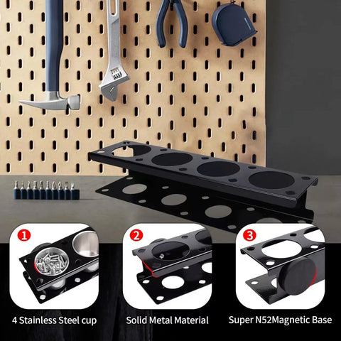 Magnetic Power Tool Organizer Rack For Cordless Drills And Screwdrivers With 4 Stainless Steel Cups Heavy Duty Metal Storage Rack For Tool Cart Pegboards Workbench Garage And Toolbox displayed on a pegboard with tools.