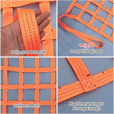 Heavy Duty Polyester Cargo Lifting Net 2.5m X 2.5m 8.2ft X 8.2ft Ultra Rugged Transport Net detailed view showing reinforced stitching and mesh.