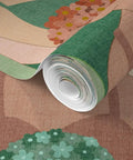Hella Durable Art Deco Wallpaper Featuring Elegant Feminine Designs With Super Tough Linen Texture Surface and PVC Free Type II Professional Covering for Interiors and Living Rooms rolled up, showing floral patterns.