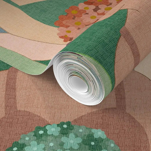 Hella Durable Art Deco Wallpaper Featuring Elegant Feminine Designs With Super Tough Linen Texture Surface and PVC Free Type II Professional Covering for Interiors and Living Rooms rolled up, showing floral patterns.
