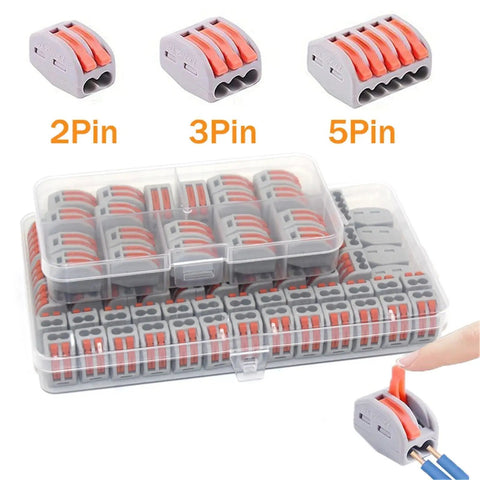 Straight Up Quick Install Terminal Block Wire Connectors 55 Piece Fast Push Lever, 2Pin, 3Pin, 5Pin options in storage box.