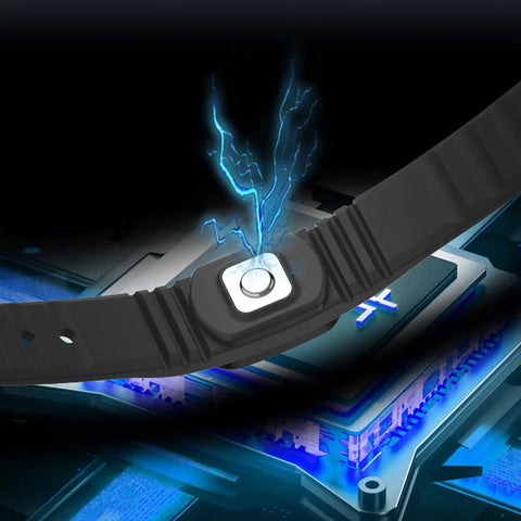 Adjustable Anti Static Wrist Strap With Conductive Fiber Technology on circuit board emitting charge, silicone waterproof bracelet.