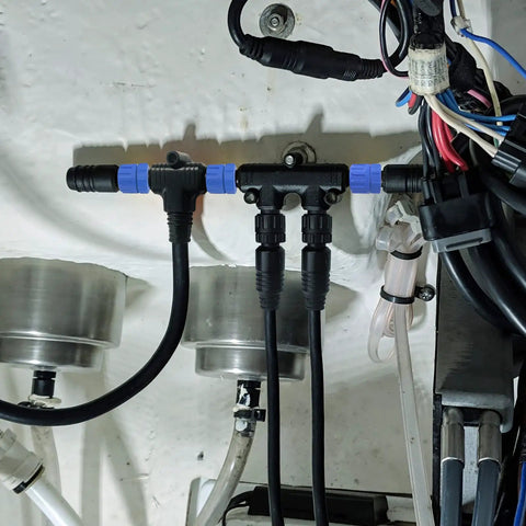 NMEA 2000 Marine Starter Kit Pro Grade Universal Cable System with backbone and drop cables in boat setup.