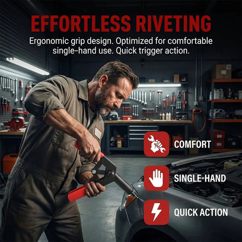41 Piece Car Rivet Gun Kit With 1 Hand Riveter And 40 Nylon Blind Rivets; man using rivet gun on vehicle in garage