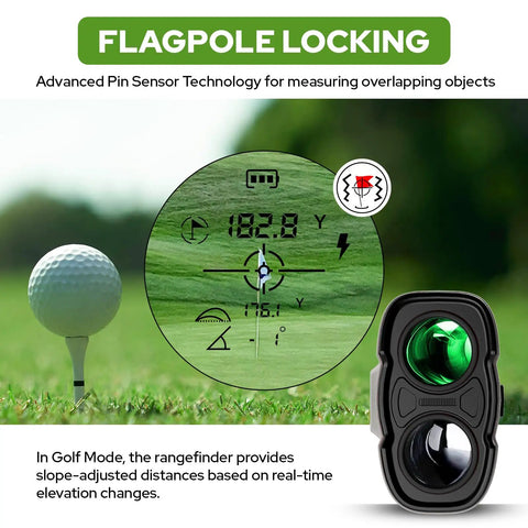 Golf Rangefinder With Slope Switch And Flag Pole Locking Vibration 800 Yard Range display and golf ball on course