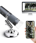 4K Wireless Microscope With 50X To 1000X Zoom For iPhone Android PC USB Digital Endoscope Camera Dope Wireless HD Microscope Plug And Play Compatible With All Cellphones Tablets Windows Mac Chrome Linux mounted on stand, shown with phone and monitor