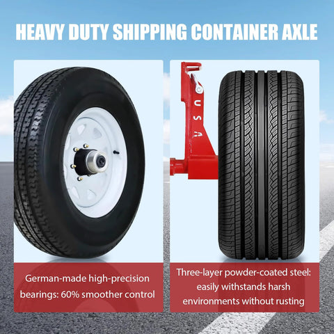 Two Pack Shipping Container Wheels With Eight Lug Configuration And Axle Ratchet Tie Down System for moving empty containers