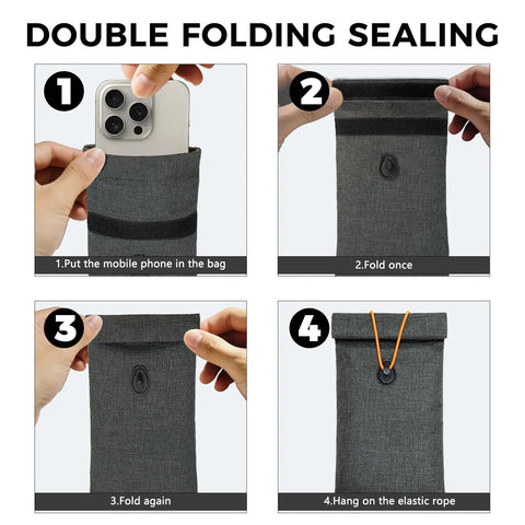 Go Dark Faraday Bags For Phones 2 Pack Signal Blocking Case showing step-by-step folding instructions for sealing.
