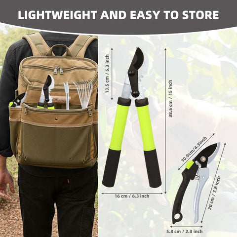 Heavy Duty Loppers For Tree Trimming With Gear Technology And Labor Saving Pruning Shears Alloy Steel Blade With Teflon Coating Cuts Up To 1.3 Inch Branches Durable Garden Tree Clippers shown alongside backpack for easy storage, including size measurements.