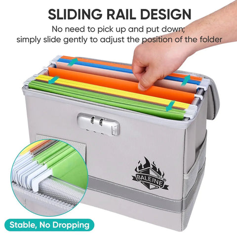 Locking Fireproof Document Box With Waterproof Seal And Portable Design in use with sliding rail folder adjustment