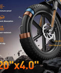 Close-up of 20x4 inch fat tire on Folding Fat Tire Electric Bike for Adults With 1500W Peak Motor, highlighting features and shock absorption.