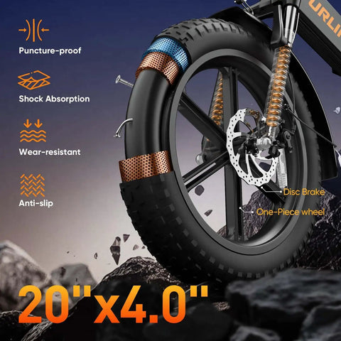 Close-up of 20x4 inch fat tire on Folding Fat Tire Electric Bike for Adults With 1500W Peak Motor, highlighting features and shock absorption.