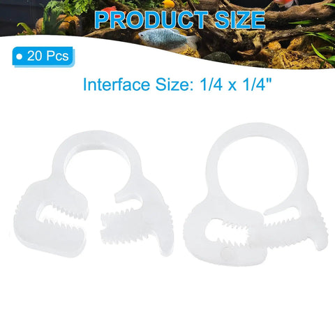 Heavy Duty Plastic Hose Clamps Twenty Pack Quick Grip Double Snap Ratcheting Clamps for Quarter Inch Hoses White Durable Clamp for Plumbing and Automotive Use, showing interface size of 1/4 x 1/4 inches.
