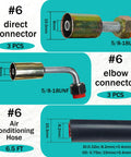 26 Piece AC Hose Kit With Six Point Five Foot Hoses And Fittings For Most Cars Trucks And SUVs Universal Auto AC Repair Kit With O Ring Easy Install Durable Build showing connectors and hose dimensions.