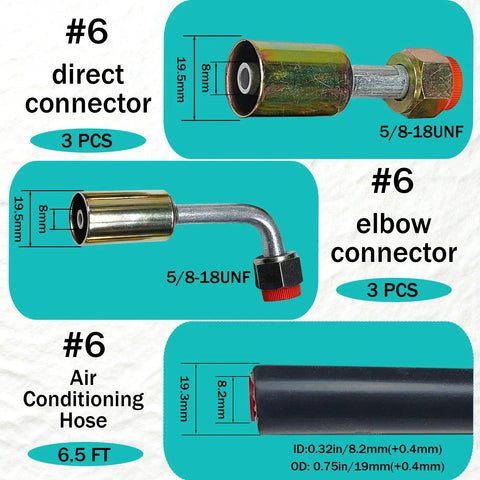 26 Piece AC Hose Kit With Six Point Five Foot Hoses And Fittings For Most Cars Trucks And SUVs Universal Auto AC Repair Kit With O Ring Easy Install Durable Build showing connectors and hose dimensions.