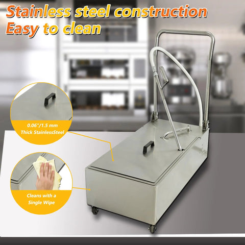 Heavy Duty Commercial Fryer Oil Filter Cart Rolling Mobile Restaurant Grease Purifier With 48 Liter Tank Circulates 12 Liters Per Minute Fast Saves Oil Dough Includes Five Filter Papers, stainless steel design for easy cleaning.