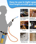 Pro Grade Propane Torch Hose Kit With 3.6 Foot Hose, MAP Gas Torch Kit With Trigger Start shown with various uses: plumbing, jewelry making.