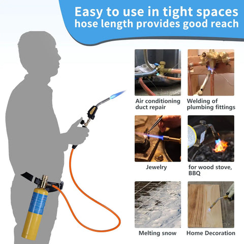 Pro Grade Propane Torch Hose Kit With 3.6 Foot Hose, MAP Gas Torch Kit With Trigger Start shown with various uses: plumbing, jewelry making.