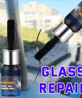 Glass repair liquid bottle used for scratch repair on glass surfaces; shown with brush applicator against window background.