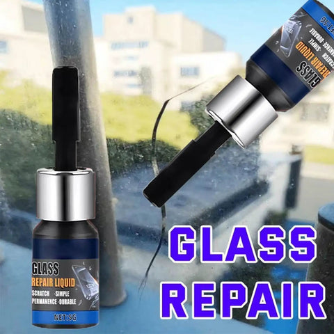 Glass repair liquid bottle used for scratch repair on glass surfaces; shown with brush applicator against window background.