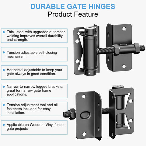 Built Tough Self Closing Gate Hinges For Wood Vinyl PVC And Metal Gates With Adjustable Tension 90 Degree Narrow Swing