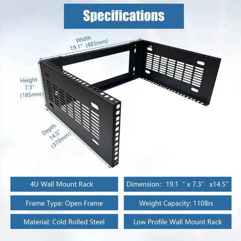 Heavy Duty Wall Mount Network Rack With 19 Inch Width And 14 Inch Depth, Rock Solid Cold Rolled Steel Server Vault, specifications image view