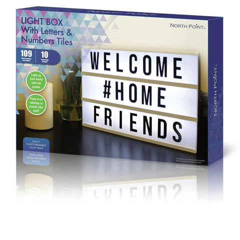Cinema Style 10 LED Light Box Decor For A Retro Theater Vibe displayed with 'WELCOME #HOME FRIENDS' message, box packaging
