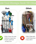 Comparison of heavy duty garden tool storage rack vs others showing alloy steel and plastic construction holding tools