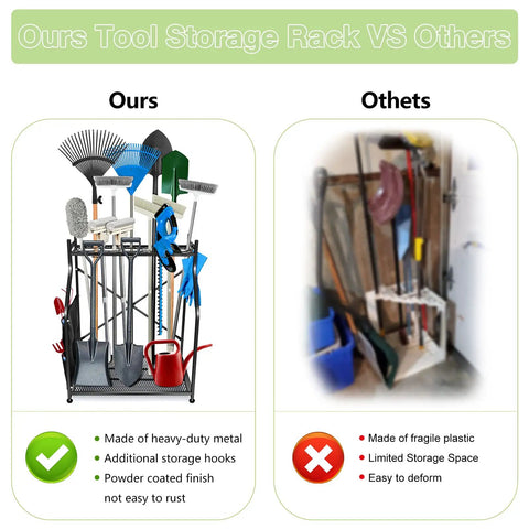 Comparison of heavy duty garden tool storage rack vs others showing alloy steel and plastic construction holding tools