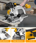 6 Inch Cordless Circular Saw Built For The Daily Grind With Brushless Motor Pure Copper Winding 6500 Rpm Cuts Wood Metal Tile Slick Fit For Dewalt 20V Batteries No Battery Included close-up of saw with depth adjustment and angle features