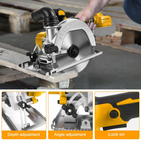 6 Inch Cordless Circular Saw Built For The Daily Grind With Brushless Motor Pure Copper Winding 6500 Rpm Cuts Wood Metal Tile Slick Fit For Dewalt 20V Batteries No Battery Included close-up of saw with depth adjustment and angle features