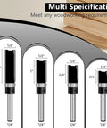 4 Piece Flush Trim Router Bit Set With One Quarter Inch Shank Carbide Tipped Straight Cut Pattern Bits dimensions diagram