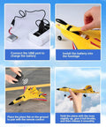 Instructions for F22 RC Plane Jet For Beginners And Kids, showing battery charging, installation, remote pairing, and takeoff steps.