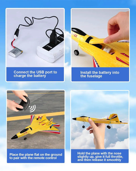 Instructions for F22 RC Plane Jet For Beginners And Kids, showing battery charging, installation, remote pairing, and takeoff steps.