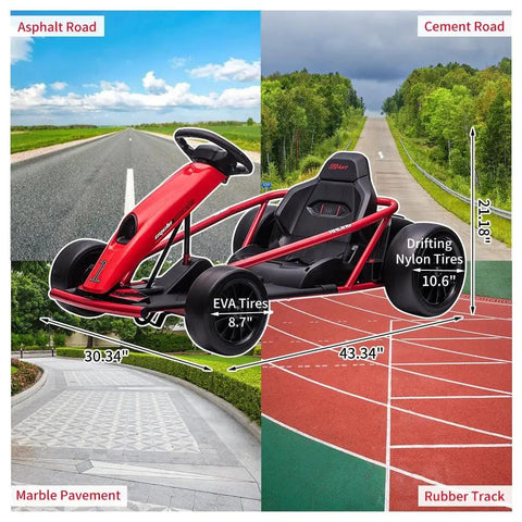 24V Dual Motor Ride On Go Kart For Kids With Two 300W Motors 8 MPH Electric Toy Car on various road surfaces showing size dimensions