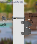 Spring-Loaded Gate Latch With Pull Cable on wood gate; displays key locking mechanism for Heavy Duty Two Sided Gate Latch With Key Lock And Upgraded Spring Loaded Pull Cord For Quick Slick Operation On Outdoor Wooden Fences And Dang Sturdy Backyard Security.