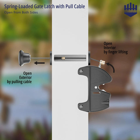 Spring-Loaded Gate Latch With Pull Cable on wood gate; displays key locking mechanism for Heavy Duty Two Sided Gate Latch With Key Lock And Upgraded Spring Loaded Pull Cord For Quick Slick Operation On Outdoor Wooden Fences And Dang Sturdy Backyard Security.