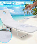 Large Tanning Chair Towel With Face Hole And Pocket on a chaise lounge by the beach, showcasing its water absorption features.