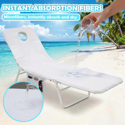 Large Tanning Chair Towel With Face Hole And Pocket on a chaise lounge by the beach, showcasing its water absorption features.