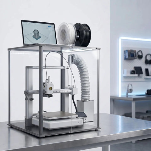 Dead Silent 3D Printer Enclosure With Tight Seal Air Filter For Hella Solid Fume Blocking And Dust Guard Clear Acrylic Wrap featuring an integrated air filter and 3D printer.