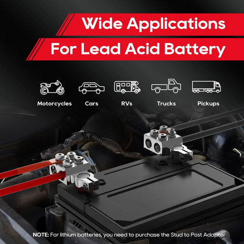 Rig Ready 8 Way Battery Terminal Connector Pair With Positive And Negative Posts Featuring Four Direct Wire Ports Plus M8 Studs for vehicles.