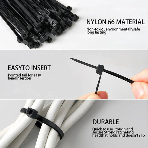 Black nylon zip ties being inserted and used for cable management demonstration